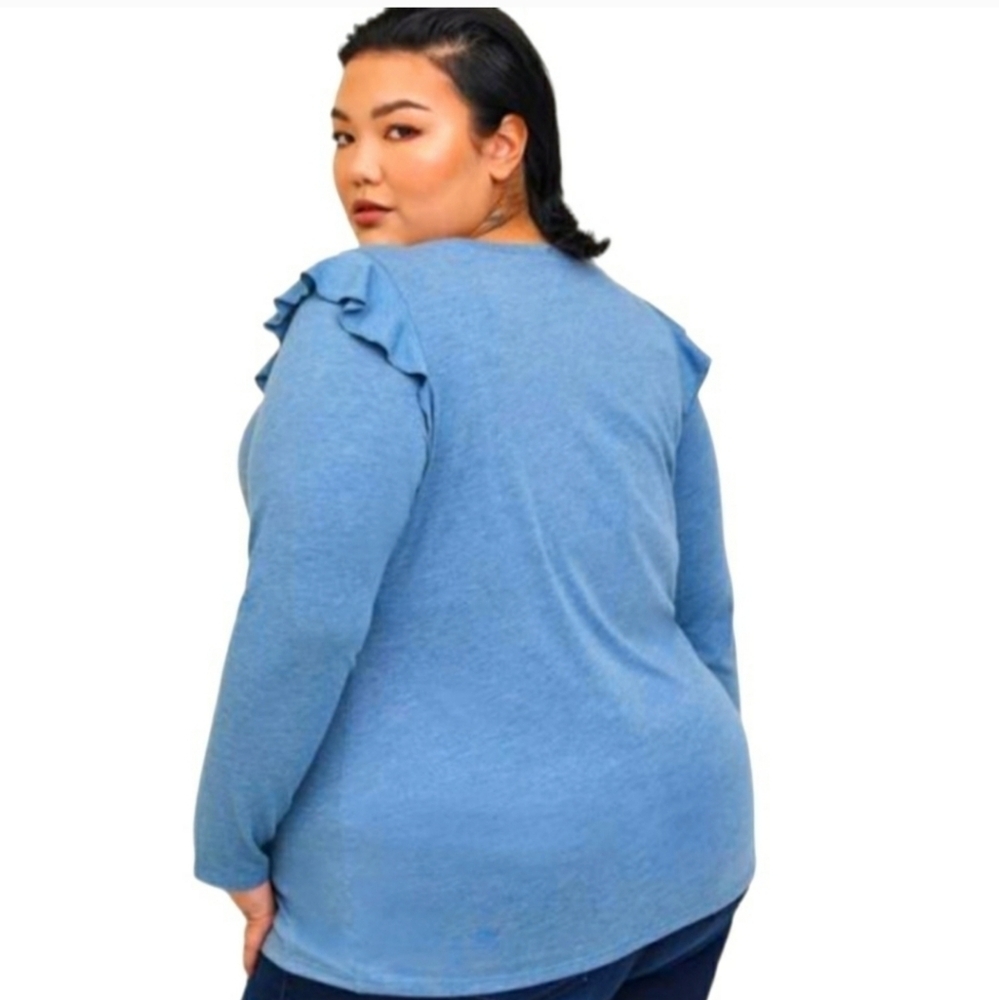 Torrid 2 Signature Jersey Tee Ruffle Shoulder Crew Neck Long Sleeve Top 2X